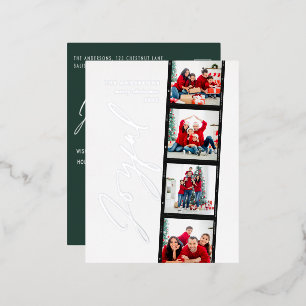 Modern minimal script multi photo Christmas green Foil Holiday Postcard