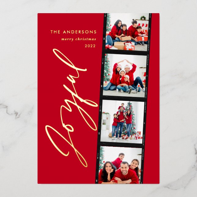 Modern minimal script multi photo christmas red foil holiday card (Front)
