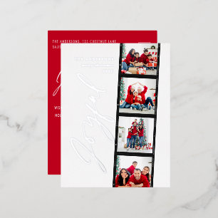 Modern minimal script multi photo christmas red foil holiday postcard