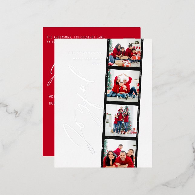 Modern minimal script multi photo christmas red foil holiday postcard (Front/Back)