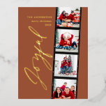 Modern minimal script multi photo christmas rust f foil holiday postcard<br><div class="desc">Modern minimal script multi photo Christmas rust terracotta retro design. Elegant classy real gold,  silver and rose gold foil design.</div>