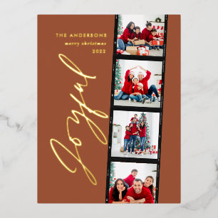 Modern minimal script multi photo christmas rust f foil holiday postcard
