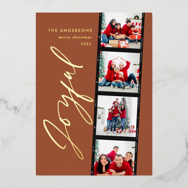 Modern minimal script multi photo christmas rust foil holiday card (Front)