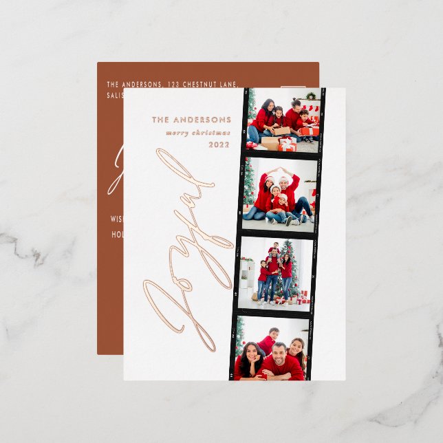 Modern minimal script multi photo christmas rust foil holiday postcard (Front/Back)