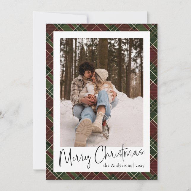 Modern Minimal Script | Red Green Christmas Photo Holiday Card (Front)