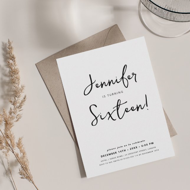Modern Minimal Script Sweet 16 Black & White Invitation (Modern Minimal Script Sweet 16 Black & White Invitation)