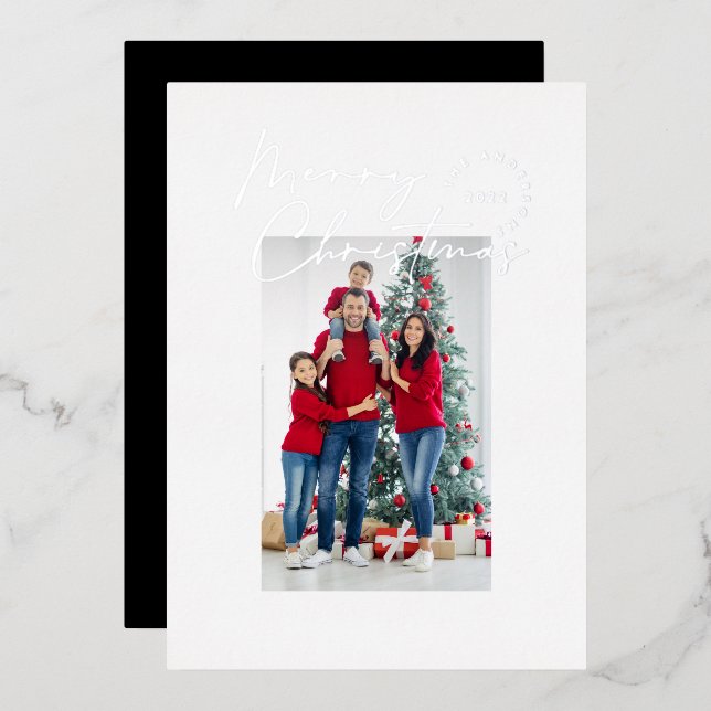 Modern minimal script typography 1 photo Christmas Foil Holiday Card (Front/Back)