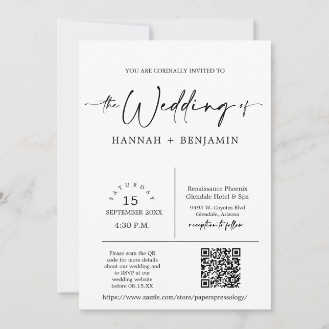 Modern Minimal Script Wedding Arch QR Code Photo Invitation (Front)