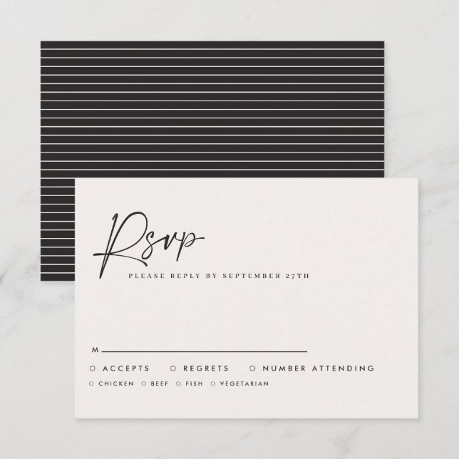 Modern Minimal Script Wedding RSVP with Stripe abc Card (Front/Back)