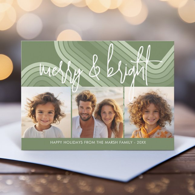 Modern Minimal Shades of Juniper - Merry & Bright  Holiday Card (Retro Pastel Stripes Holiday card with 3 photos)