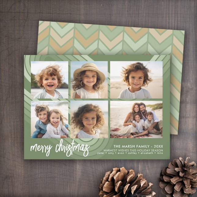 Modern Minimal Shades of Juniper Stripes - 6 Photo Holiday Card (Retro Pastel Stripes Holiday card with 6 photos)