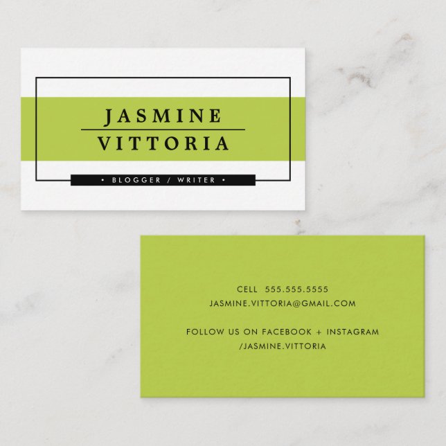 MODERN MINIMAL simple border lime green band black Business Card (Front/Back)