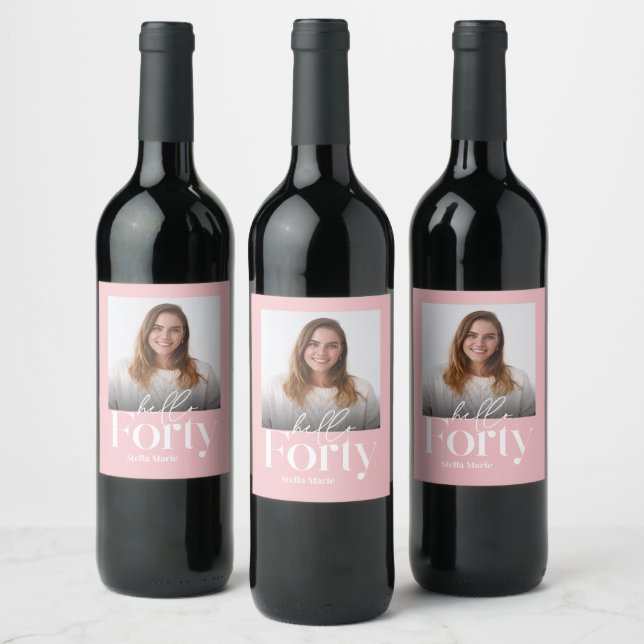 Modern minimal simple girly pink 40th birthday wine label (Bottles)