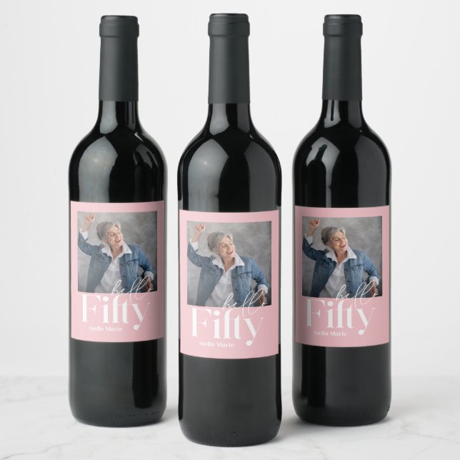 Modern minimal simple girly pink 50th birthday wine label (Bottles)