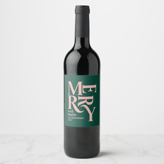 Modern minimal simple green pink Christmas Wine Label (Front)