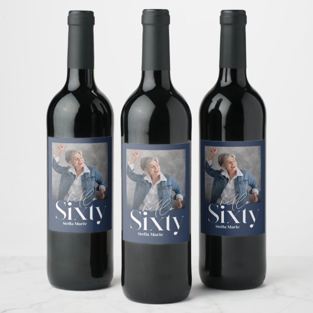 Modern minimal simple navy blue 60th birthday wine label (Bottles)