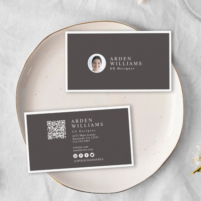 Modern Minimal Simple Professional QR code Photo Business Card (Two business cards for "Arden Williams, UX Designer" on a white plate with a gray background. )