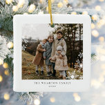 Modern Minimal Snowflake Family Two Photo Ceramic Ornament<br><div class="desc">Modern Minimal Snowflake Family Two Photo Ceramic Ornament features your family photo,  accented by delicate modern snowflakes.</div>