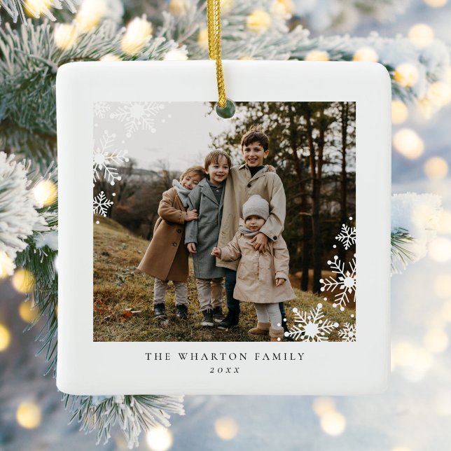 Modern Minimal Snowflake Family Two Photo Ceramic Ornament (Creator Uploaded)