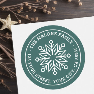 Modern minimal snowflake pine green return address classic round sticker