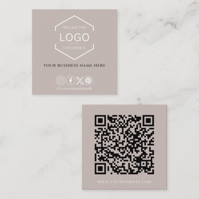 Modern Minimal Social Media QR Code Taupe Square Business Card (Front/Back)