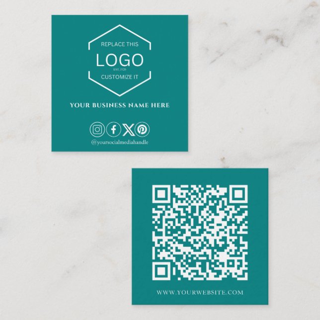 Modern Minimal Social Media QR Code Teal Green Square Business Card (Front/Back)