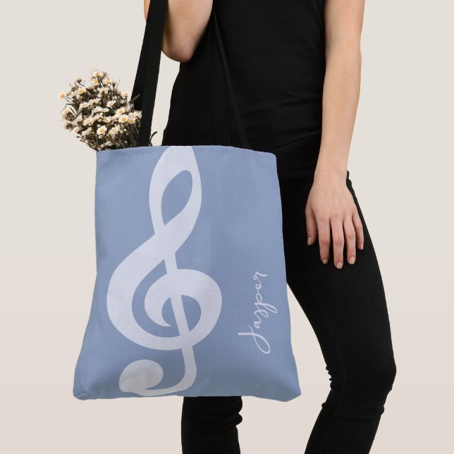 Modern Minimal Soft Pastel Blue Music Symbol Name Tote Bag (Close Up)