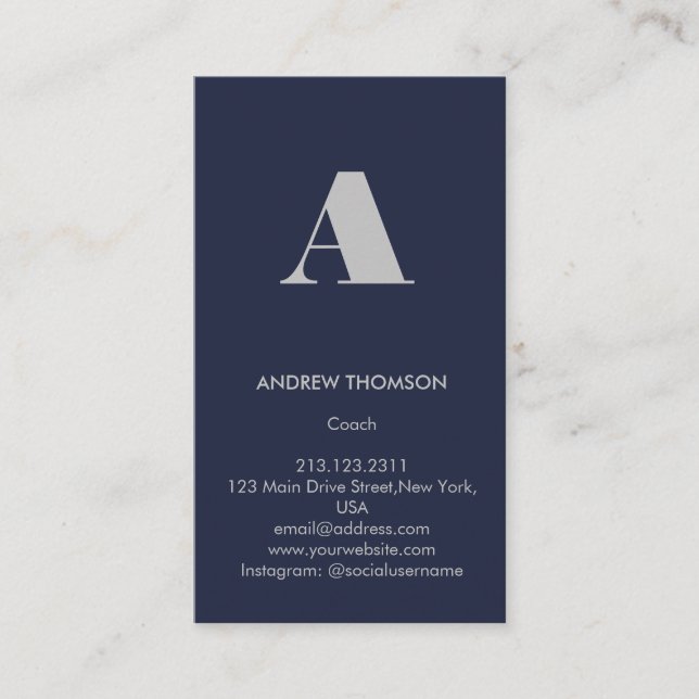 Modern Minimal Solid Navy Monogram Vertical Business Card (Front)