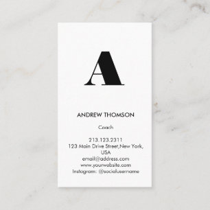 Modern Minimal Solid White Monogram Vertical Business Card