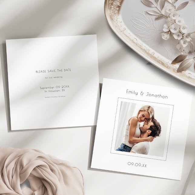 Modern Minimal Square Photo Wedding Save the Date (Front and back view)