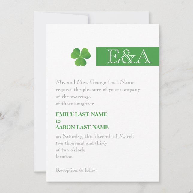 Modern minimal stripe & clover green Irish wedding Invitation (Front)