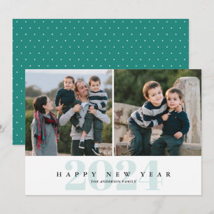 Modern Minimal Teal 2 Photo Happy New Year Holiday Card