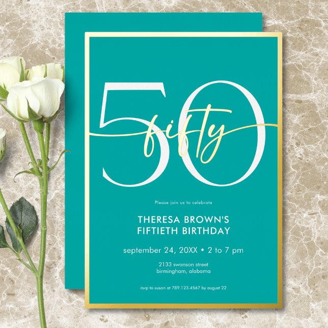 Modern Minimal Teal Fifty Script Birthday (Modern Minimal Aqua Fifty Script Birthday Foil Invitation)