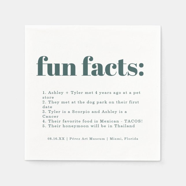 Modern Minimal Teal | Fun Facts Wedding Napkin (Front)