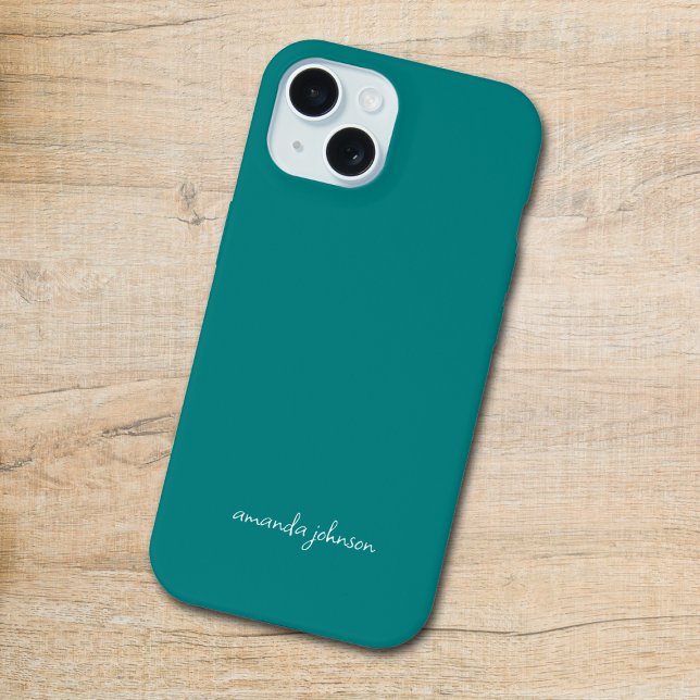Modern Minimal Teal Monogram Cursive Name iPhone 15 Case (Creator Uploaded)