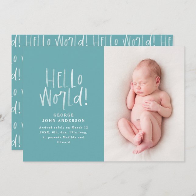 Modern minimal teal typography photo birth announcement (Front/Back)