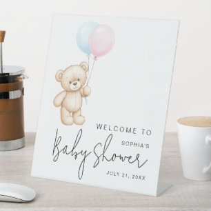 Modern Minimal Teddy Bear Baby Shower Welcome Pedestal Sign