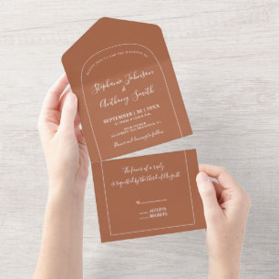 Modern Minimal Terracotta and White Arch Wedding All In One Invitation
