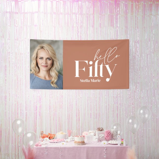 Modern minimal terracotta photo 50th birthday banner (Party)
