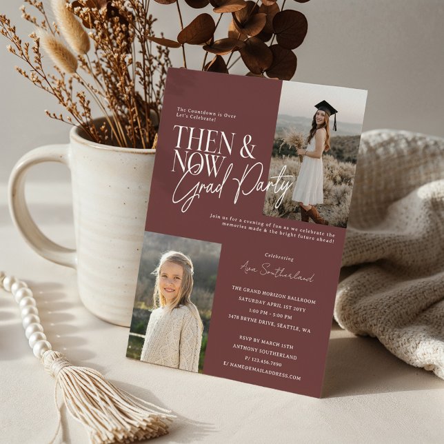 Modern Minimal Then & Now Graduation Party Photos Invitation (Modern Minimal Then & Now Graduation Party Photos Burgundy Invitation)