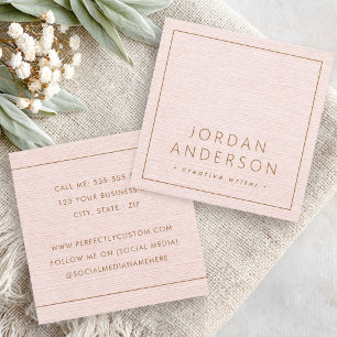 Modern minimal thin borders blush pink linen look square business card