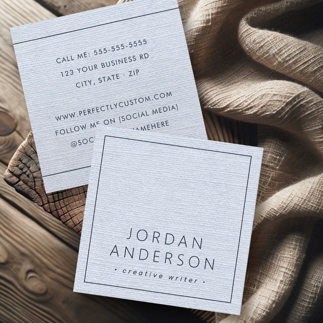 Modern minimal thin borders dusty blue linen look square business card (Modern minimal thin borders dusty blue linen look square business card)