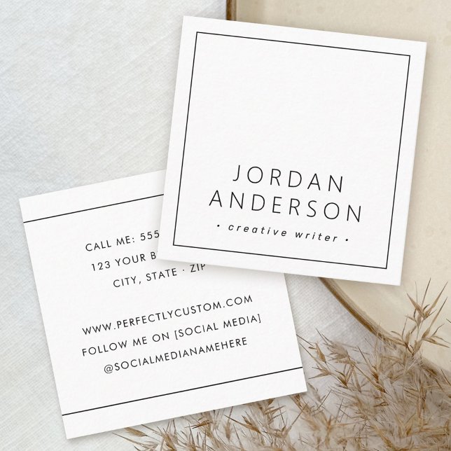 Modern minimal thin borders white or any colour square business card (Creator Uploaded)