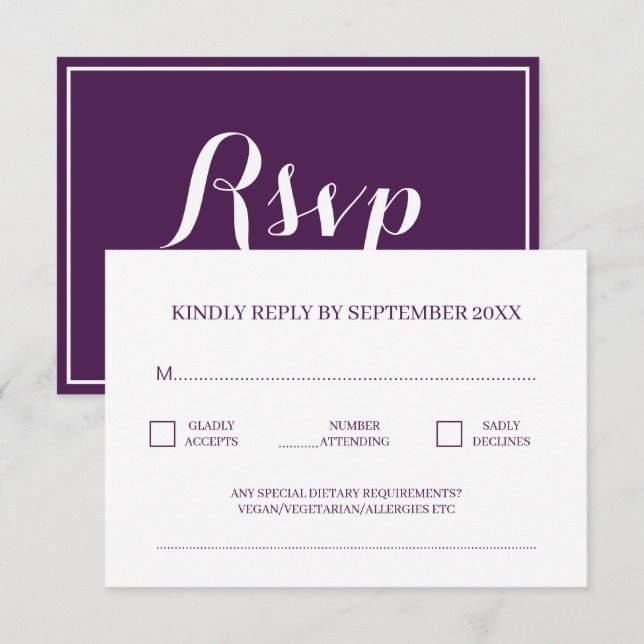 Modern Minimal Traditional Purple Wedding RSVP Enclosure Card (Front/Back)