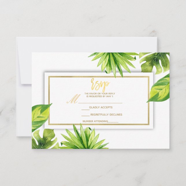 Modern Minimal Tropical Green Leaves Wedding RSVP (Front)