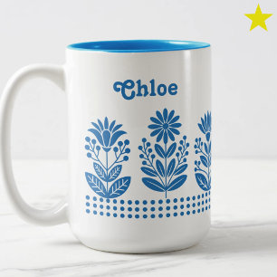 Modern Minimal Turquoise Folk Art Flowers Name Two-Tone Coffee Mug