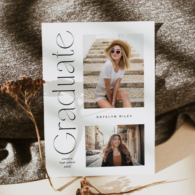 Modern Minimal Type Graduate 2 Photo Graduation Invitation (Modern Minimal Type Graduate Announcement)