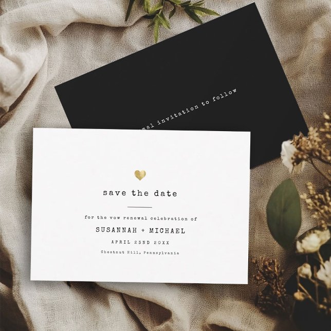 Modern Minimal Typewriter Gold Heart Vow Renewal Save The Date (Creator Uploaded)