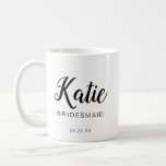 Modern & Minimal Typographic Bridesmaid Monogram Coffee Mug<br><div class="desc">Our modern minimal and typographic bridesmaid coffee mug is a perfect gift to give to your bridesmaid. The design features the bridesmaid name is a modern brush style script font. with the wedding party tile and wedding date. On the other side of the coffee mug features the bridesmaid's monogram placed...</div>