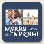Modern minimal typography 2  photo Christmas    Coaster<br><div class="desc">All may not be calm but all can still be bright with this fun modern colorful Christmas design. With space for 2 square photographs,  available in a selection of colours.</div>